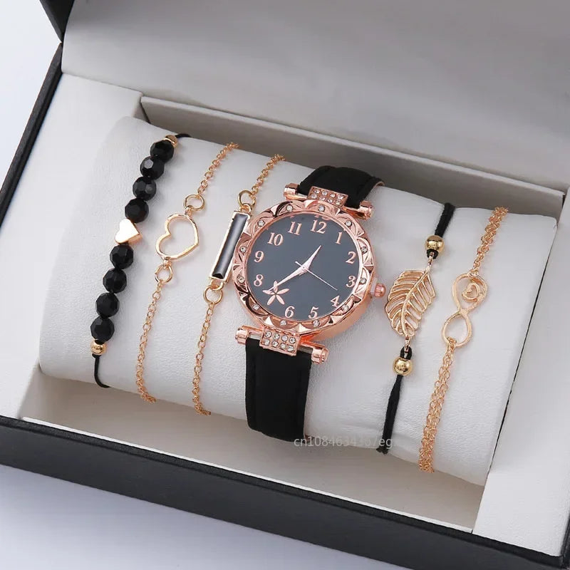 6PCS Set Watch For Women Luxury Leather Analog Ladies Quartz Wrist Watch Fashion Bracelet Watch Set Female Relogio Feminino