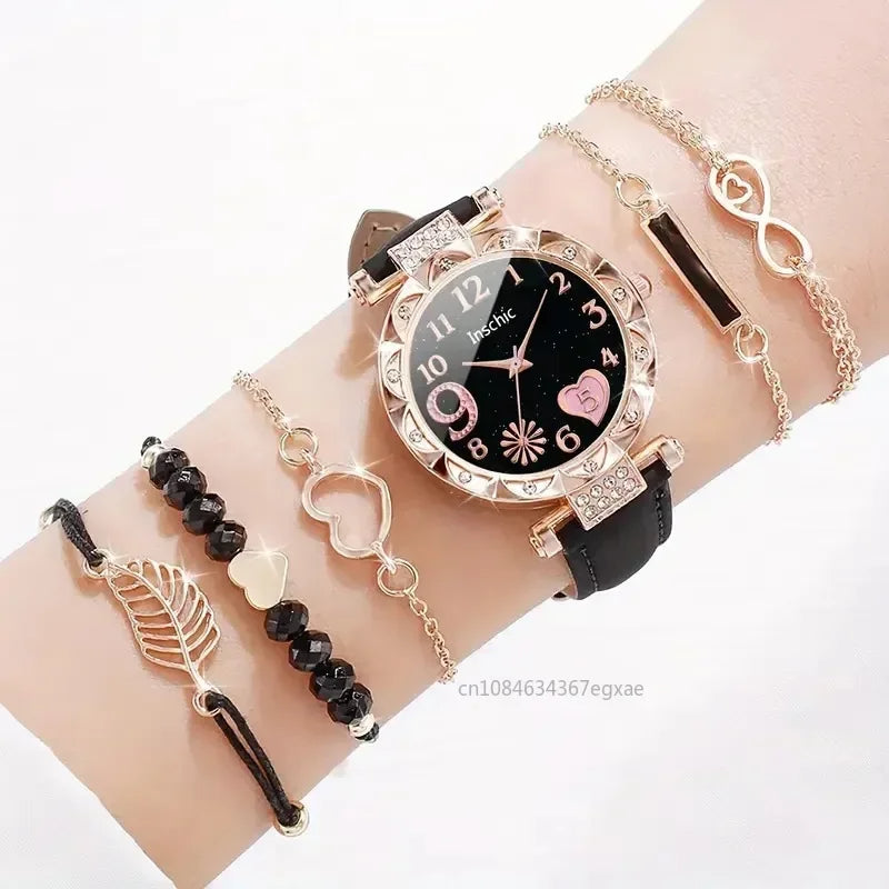 6PCS Set Watch For Women Luxury Leather Analog Ladies Quartz Wrist Watch Fashion Bracelet Watch Set Female Relogio Feminino