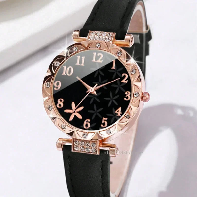 6PCS Set Watch For Women Luxury Leather Analog Ladies Quartz Wrist Watch Fashion Bracelet Watch Set Female Relogio Feminino